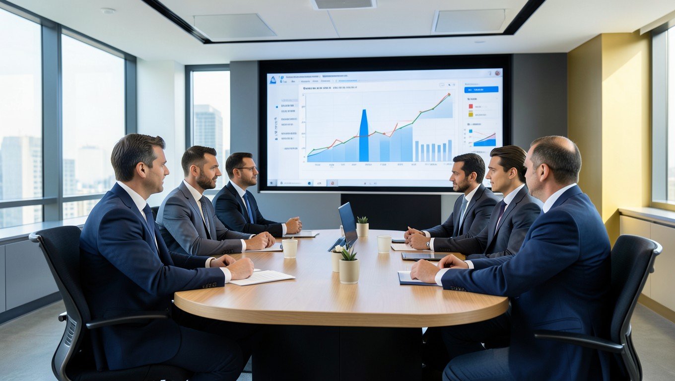 Equipo ejecutivo analizando proyecciones financieras y dashboards